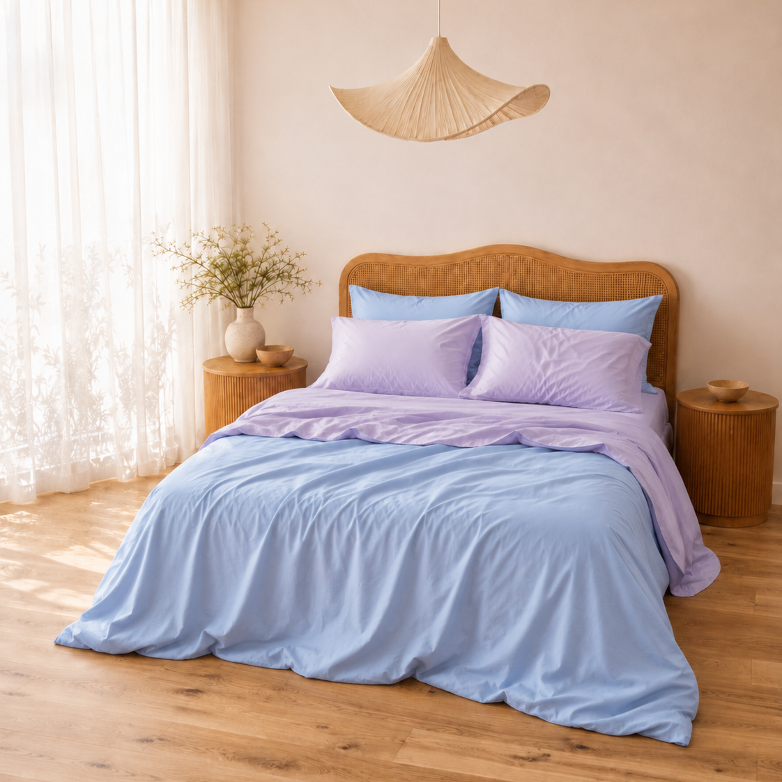 Bedroom with a bed featuring light blue bedding and purple pillows, wooden flooring, and a hanging lamp.