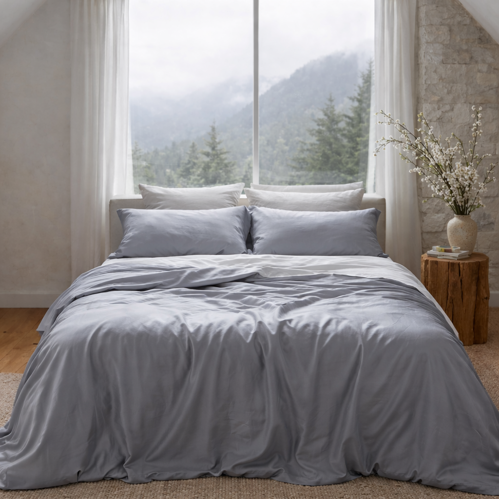 Bedroom with gray bedding and a large window showing a mountain view.