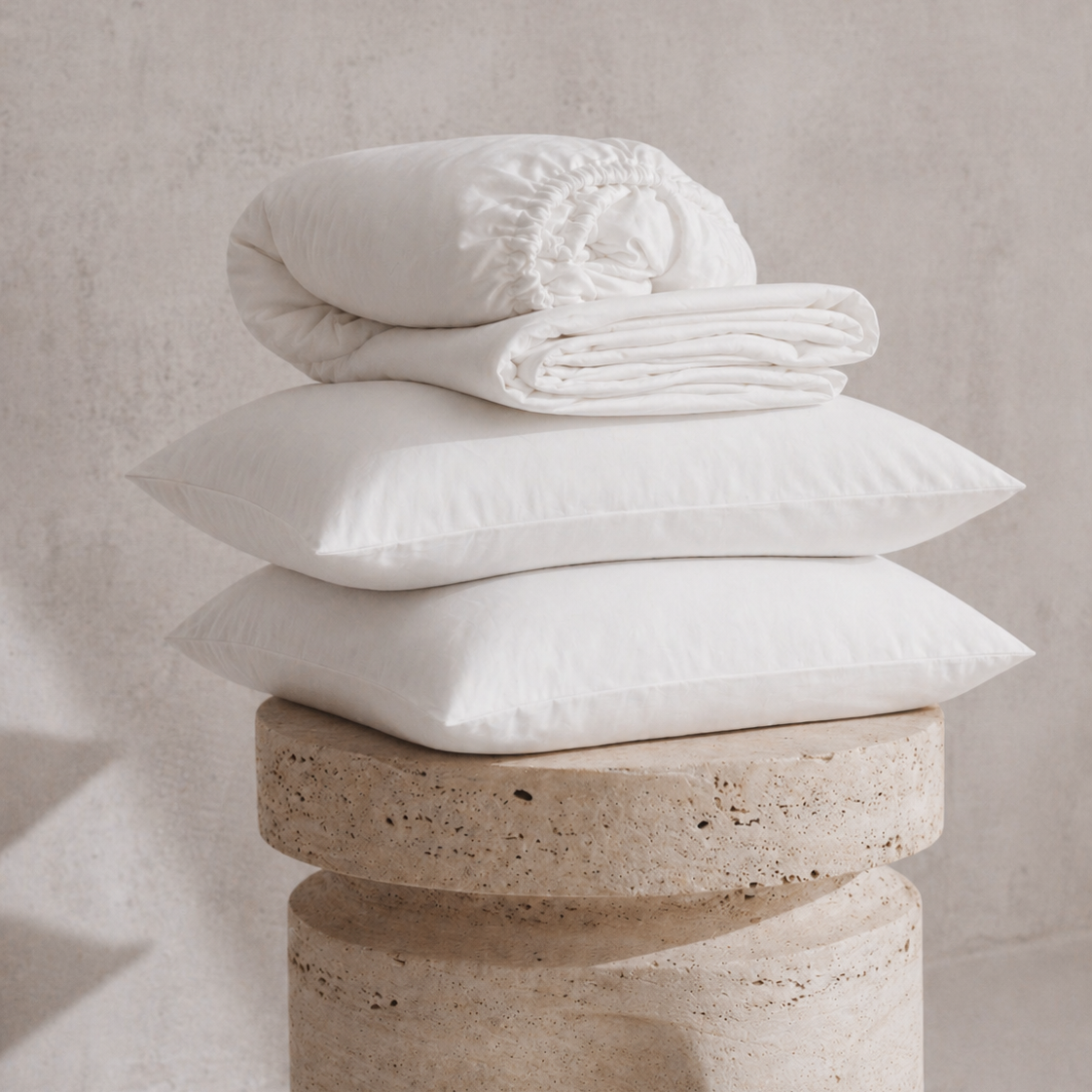 Stack of white pillows and a folded white blanket on a stone pedestal against a neutral background
