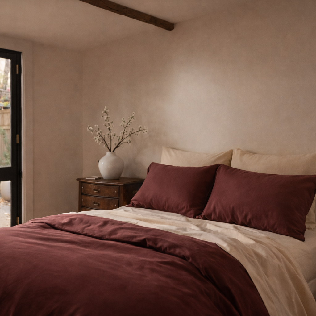Bedroom with a bed featuring burgundy and beige bedding, a vase on a nightstand, and an open door leading to a patio.
