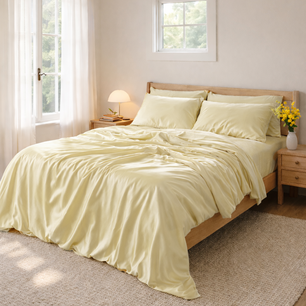 Bedroom with a neatly made bed in light yellow bedding, wooden headboard, and side tables.