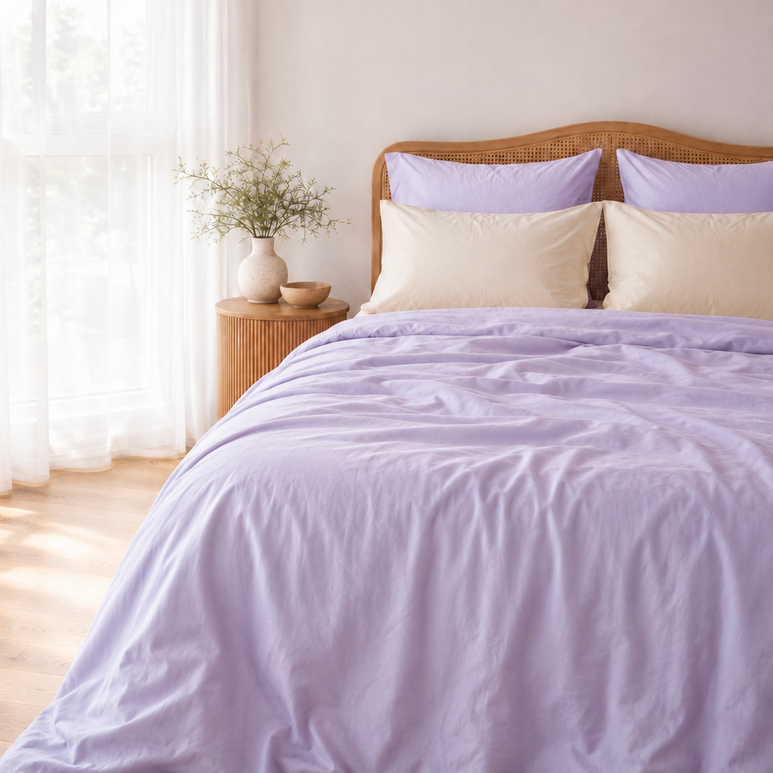 Bedroom with a bed featuring purple bedding and pillows, a wooden headboard, and a light fixture.
