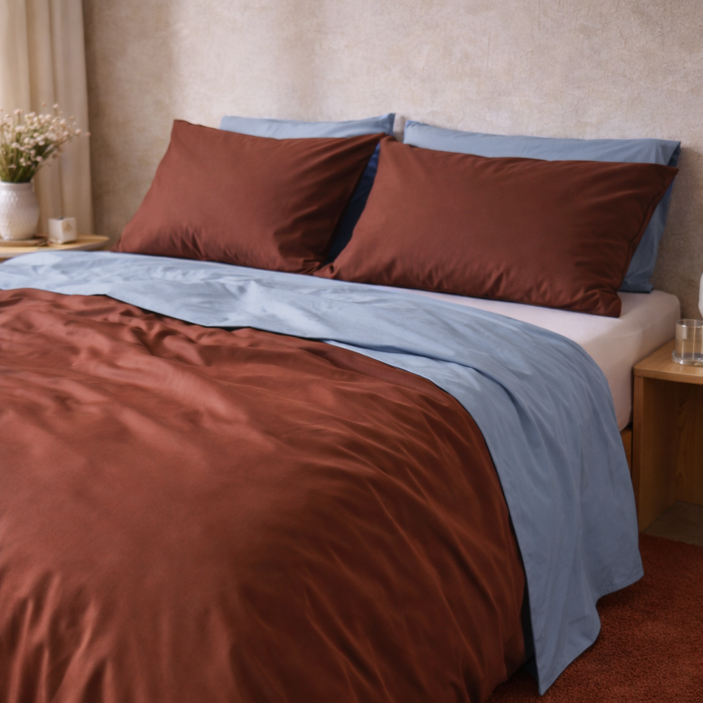Bed with brown and blue bedding in a bedroom setting