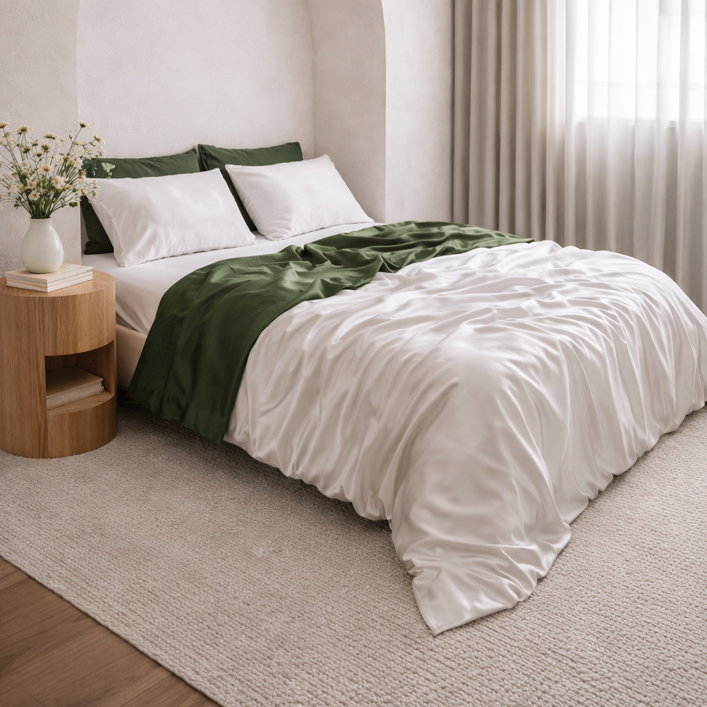 Neatly made bed with green and white bedding in a modern bedroom.
