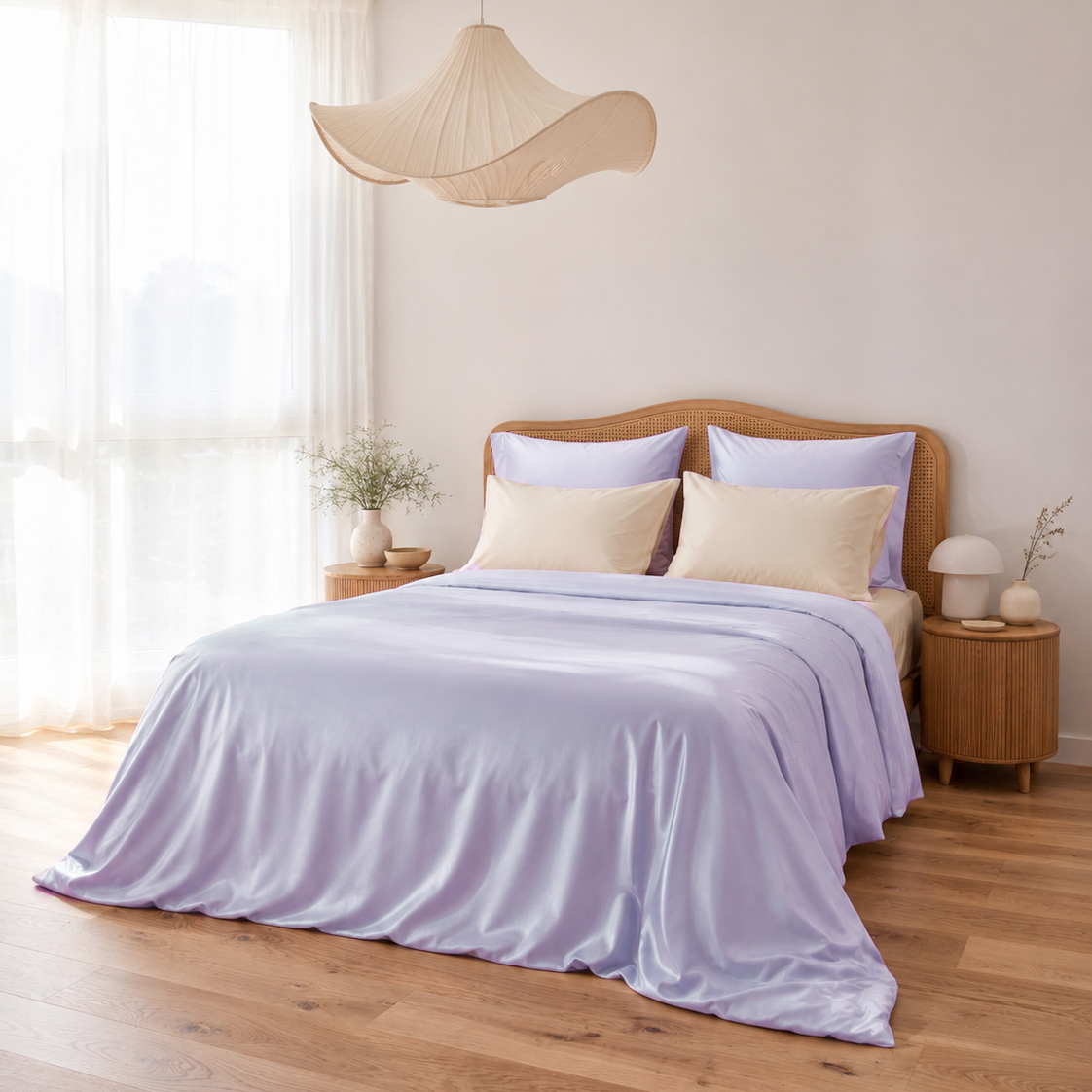 Bedroom with a bed covered in a light purple blanket, wooden headboard, and side tables.