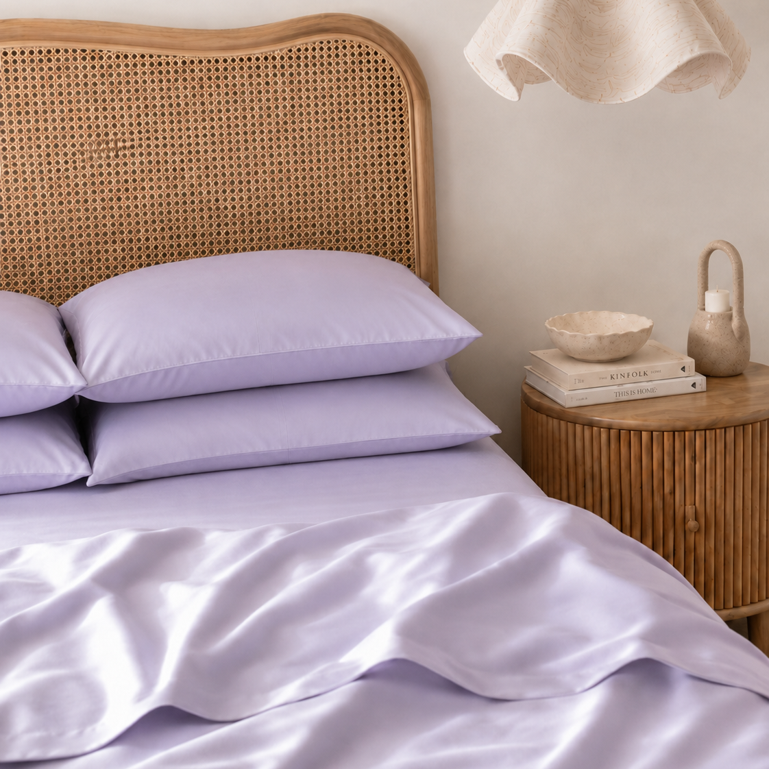 Bed with lavender bedding and pillows, wooden headboard, and nightstand with decor items.