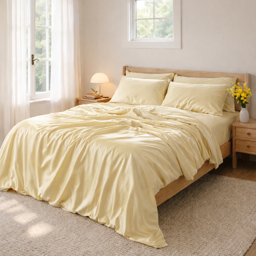 Neatly made bed with yellow bedding in a bright bedroom